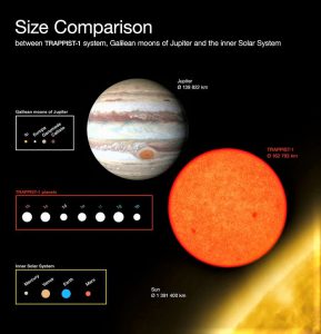La stella Trappist ! è piccola e fredda. La sua dimensione è poco più che il pianeta Giove (Crediti ESO Furtak)