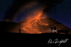 Eruzione dell'Etna in un bellissimo disegno di Klaus Dorschfeldt 