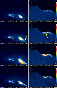 Prime fasi del trabocco lavico di Stromboli del 15 dicembre 2017, osservate dalle telecamere termiche del Pizzo sopra la Fossa (a sinistra) e da Quota 400 (a destra)