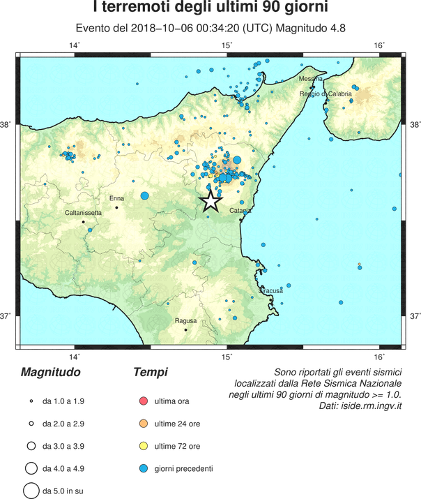 6 ottobre. La terra trema nella notte: potente scossa (ML 4.8) con epicentro a Santa Maria di Licodia, risentita su vasta area