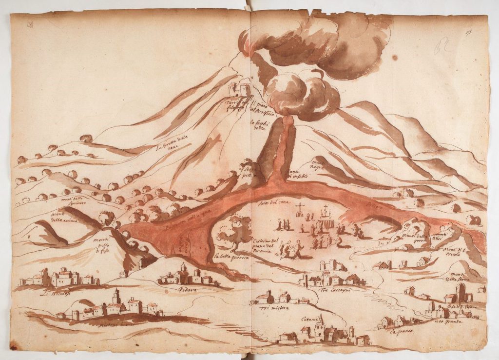 Eruzione del 1634. Lettera e illustrazione di Antoine Léal sul nuovo cratere del Mongibello