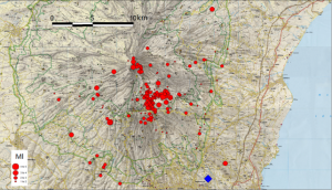 Mappa epicentrale dei terremoti più energetici registrati a partire dal 24 dicembre 2018. Il terremoto registrato alle 03:19 del 26 dicembre, di magnitudo Ml 4.8, è riportato con il rombo blu (da INGV Terremoti)